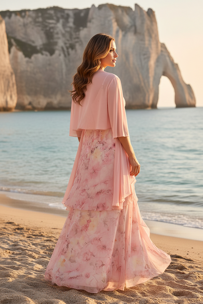 Two-Piece Floral Chiffon Dress with 3/4-Sleeve Jacket
