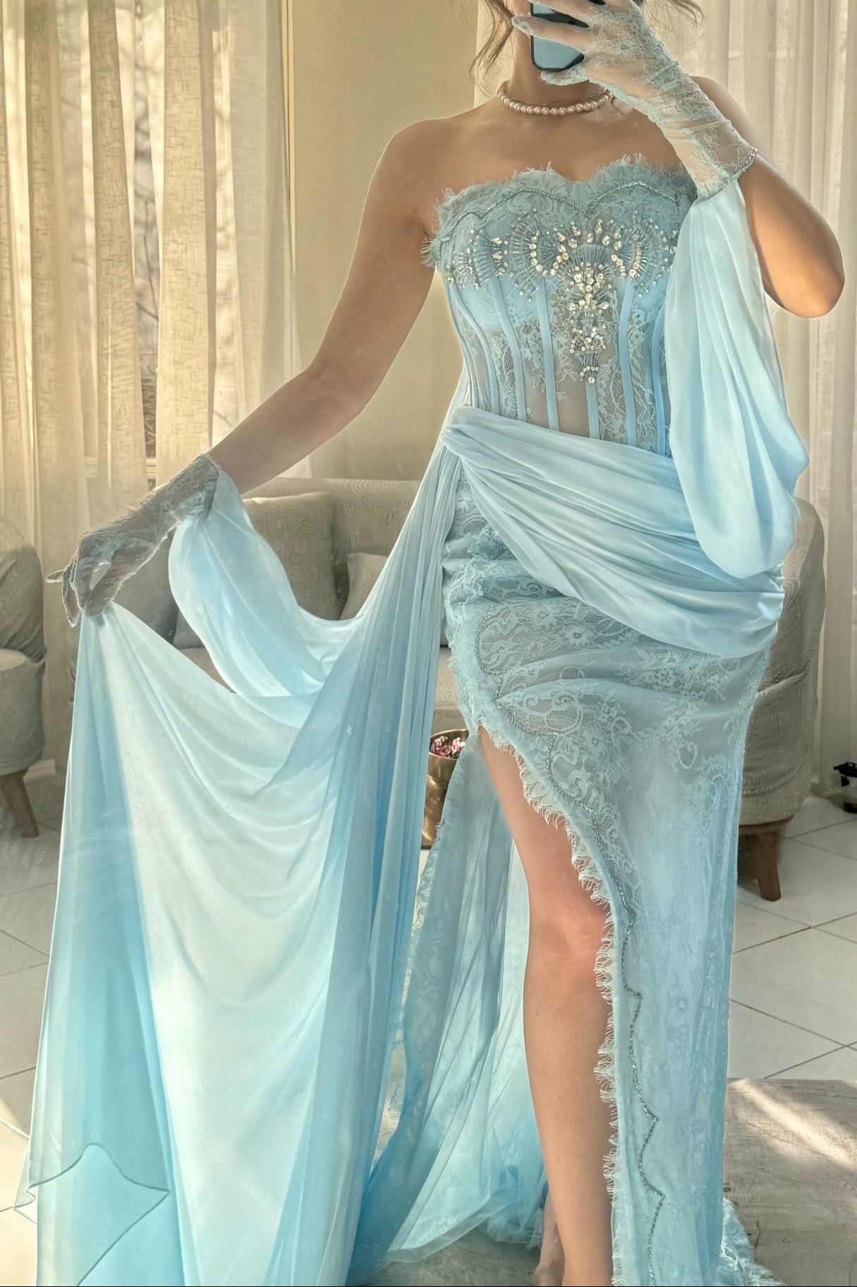 Strapless Lace Corset Gown with Draped Slit Skirt
