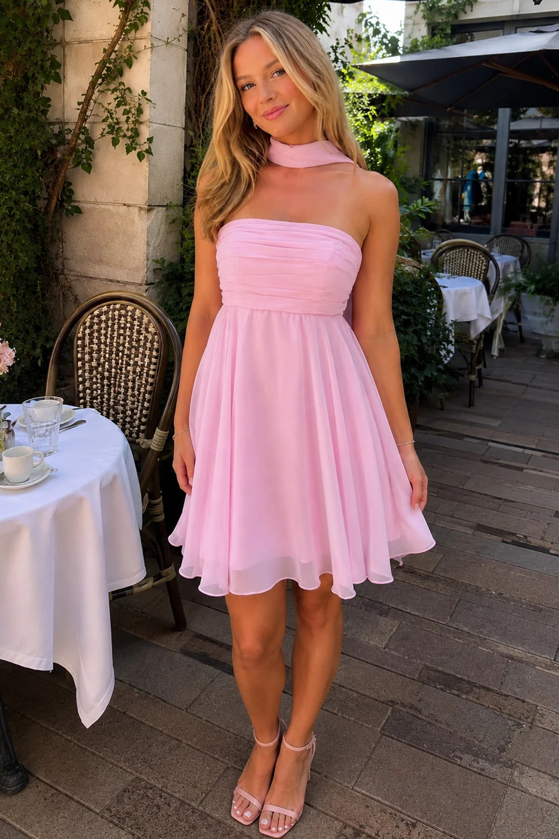 Strapless Ruched Chiffon Mini Dress with Scarf