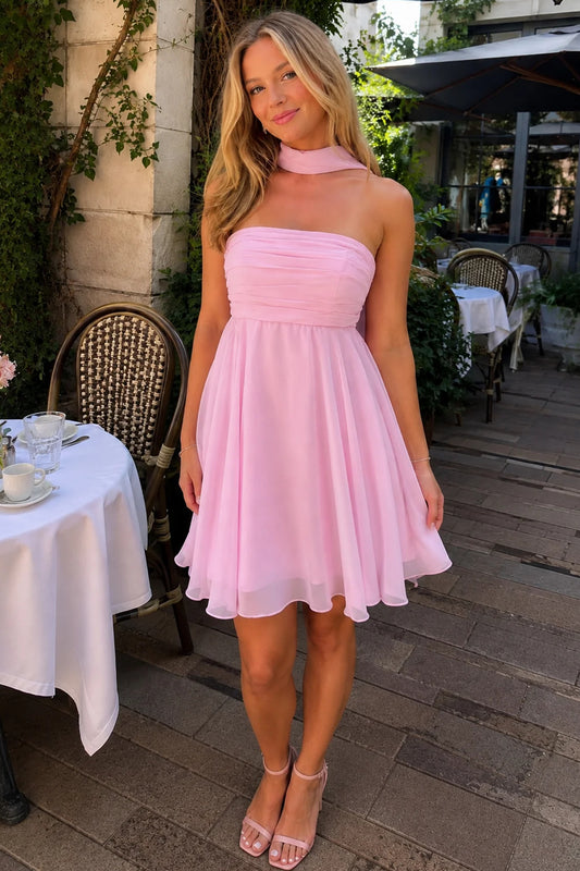 Strapless Ruched Chiffon Mini Dress with Scarf