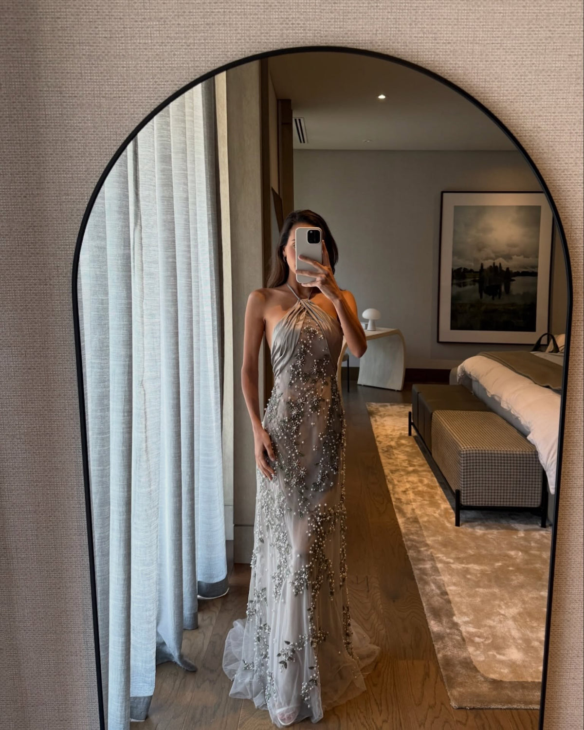 Halter Beaded Sheer Tulle Evening Gown