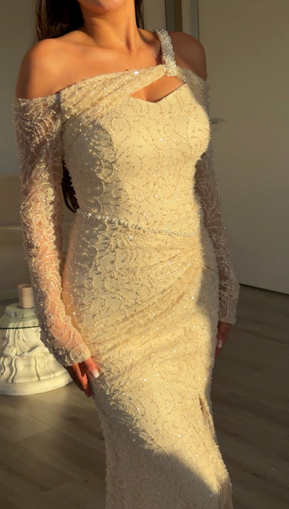 Pearl-Strap Lace Long Sleeve Evening Gown
