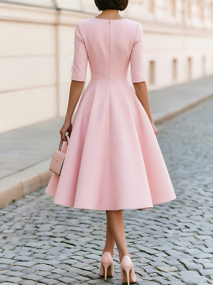 Pleated A-Line Midi Dress with Elbow Sleeves