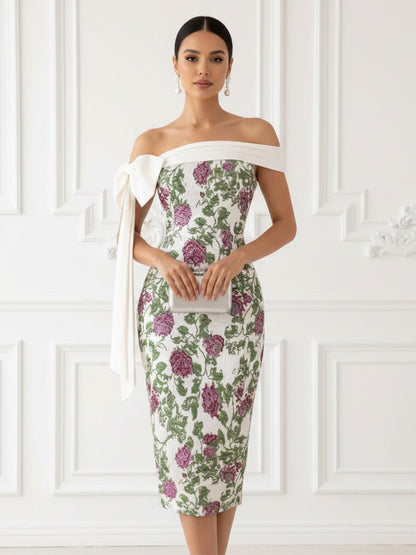 Off-the-Shoulder Bow Detail Floral Jacquard Midi Dress