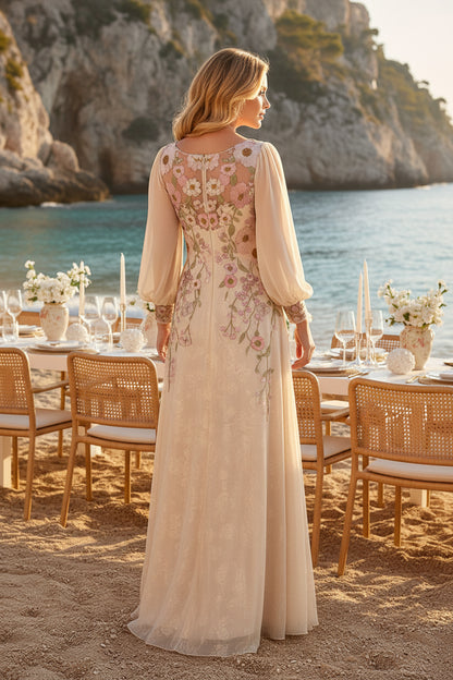 Floral Embroidered A-Line Gown with Long Sleeves
