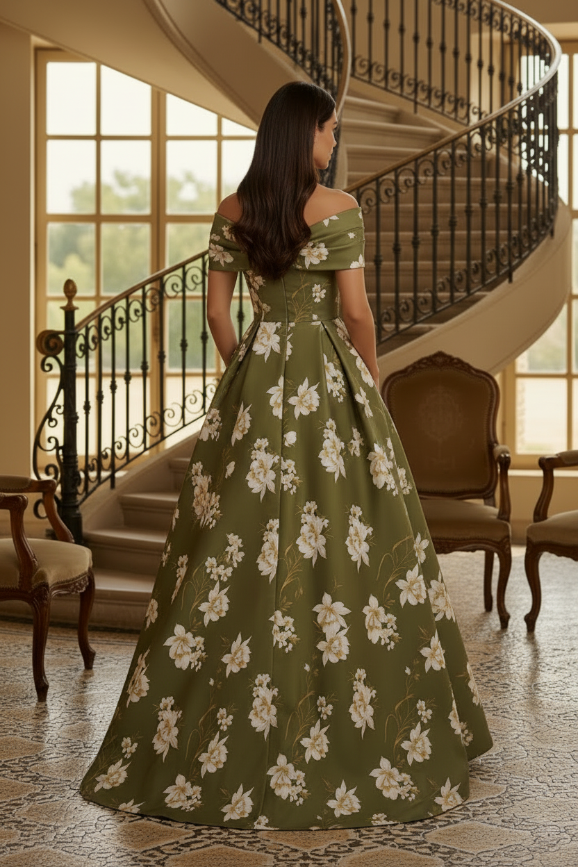 Off-the-Shoulder Floral Print A-Line Gown