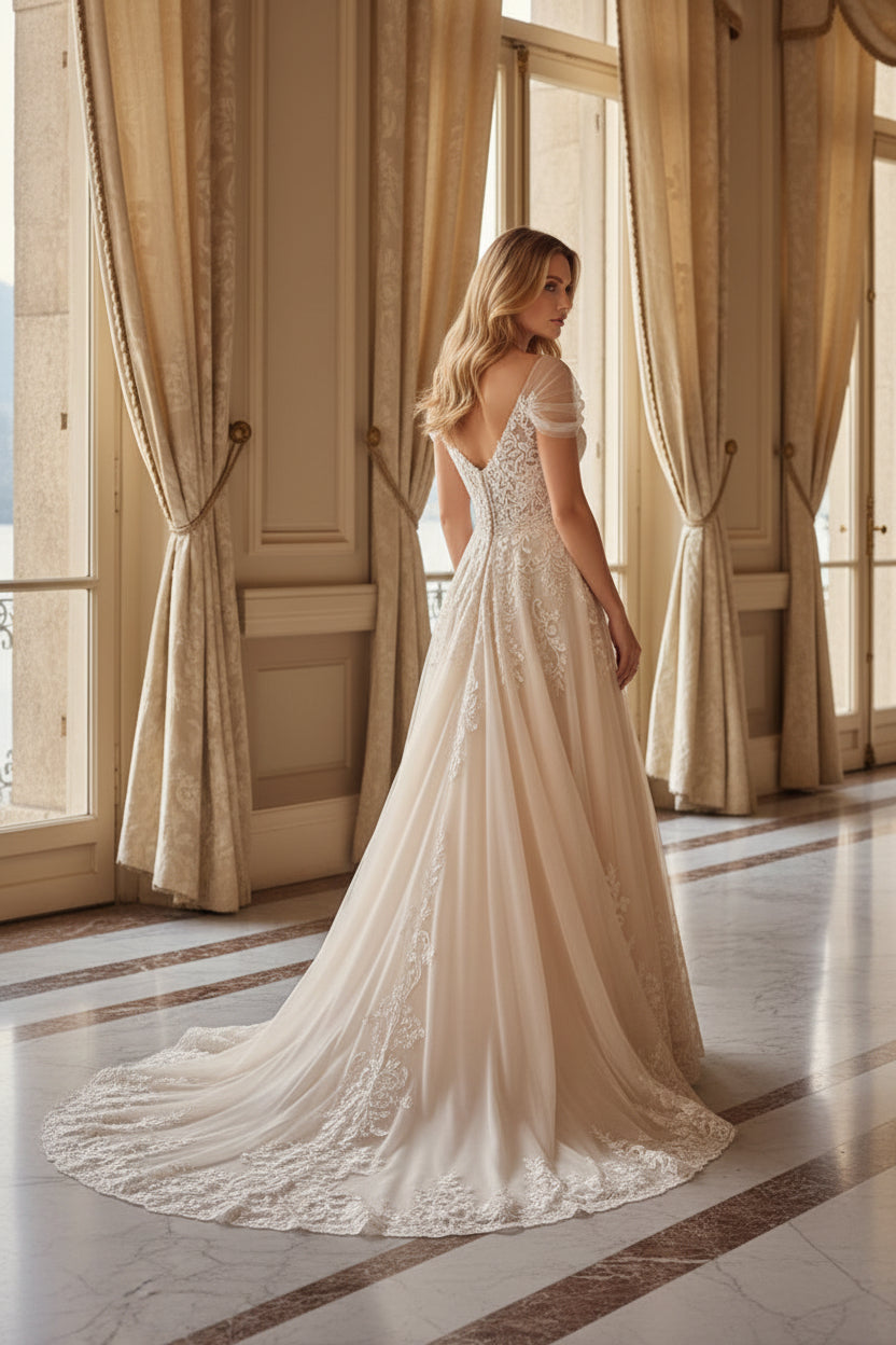 Lace Applique A-Line Gown with Cap Sleeves