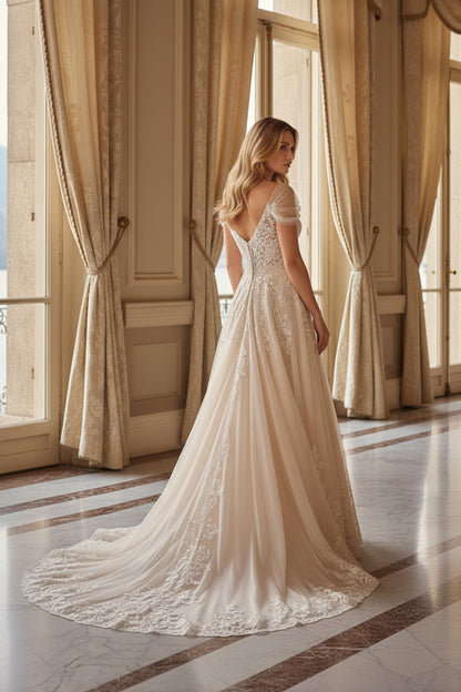 Lace Applique A-Line Gown with Cap Sleeves