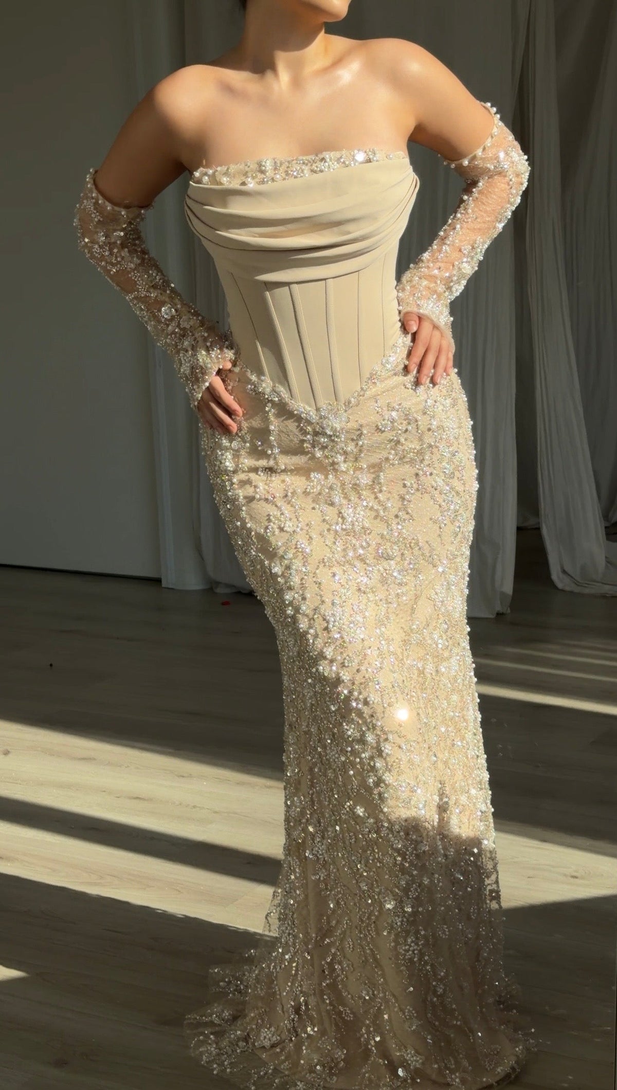Corset Evening Gown with Beaded Sleeves