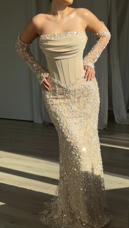 Corset Evening Gown with Beaded Sleeves