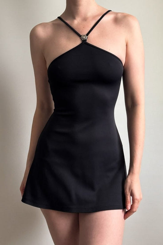 Halter Neck Mini Dress with Hardware Detail