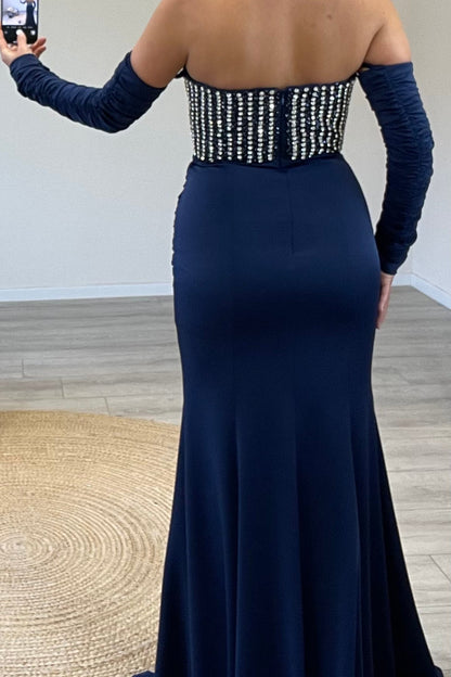Crystal Bodice Mermaid Gown with Ruched Sleeves