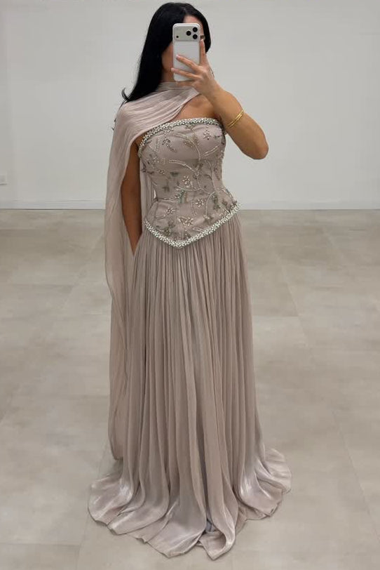 Beaded Corset Evening Gown with Pleated Skirt