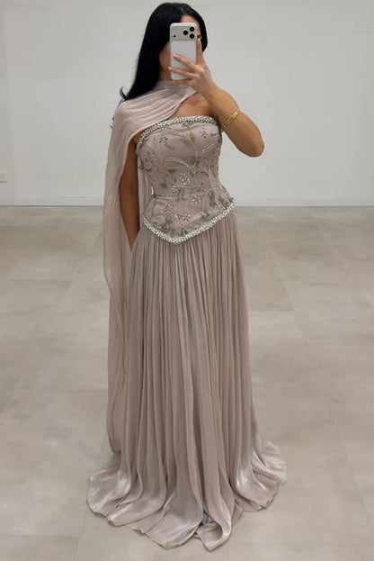 Beaded Corset Evening Gown with Pleated Skirt