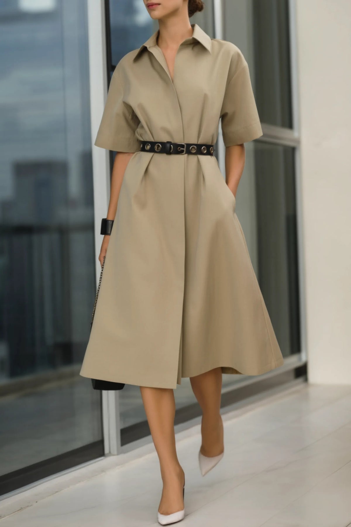 Collared Belted A-Line Midi Shirt Dress