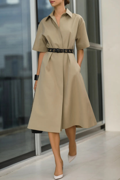 Collared Belted A-Line Midi Shirt Dress