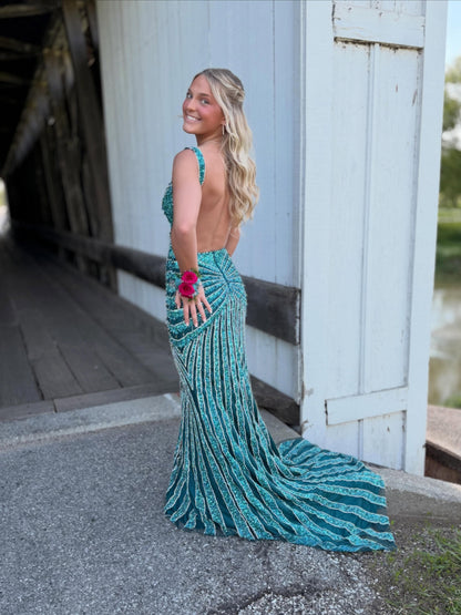 Open Back Sequined Mermaid Evening Gown with Slit