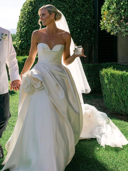 Strapless Satin Ball Gown Wedding Dress with Rosette