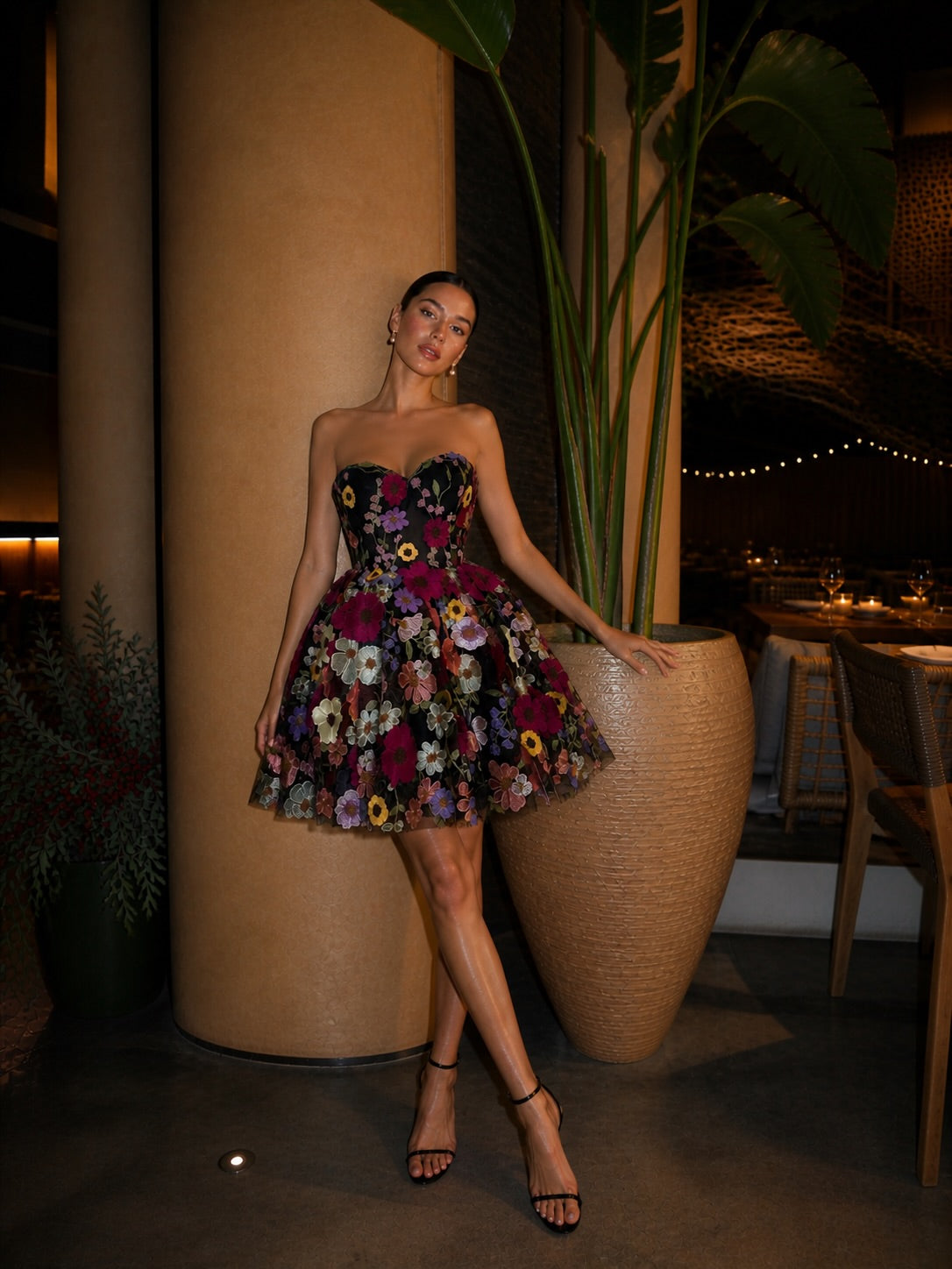 Strapless Floral Embroidery Corset Mini Dress