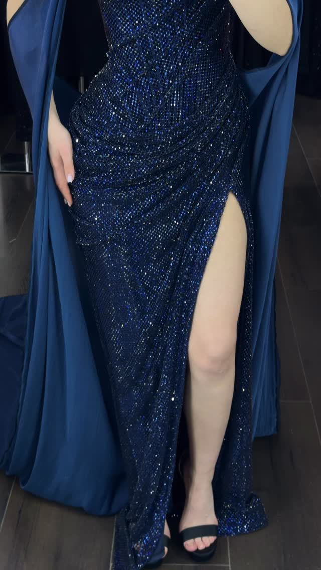 Sweetheart Sequin Evening Gown with Cape and Slit