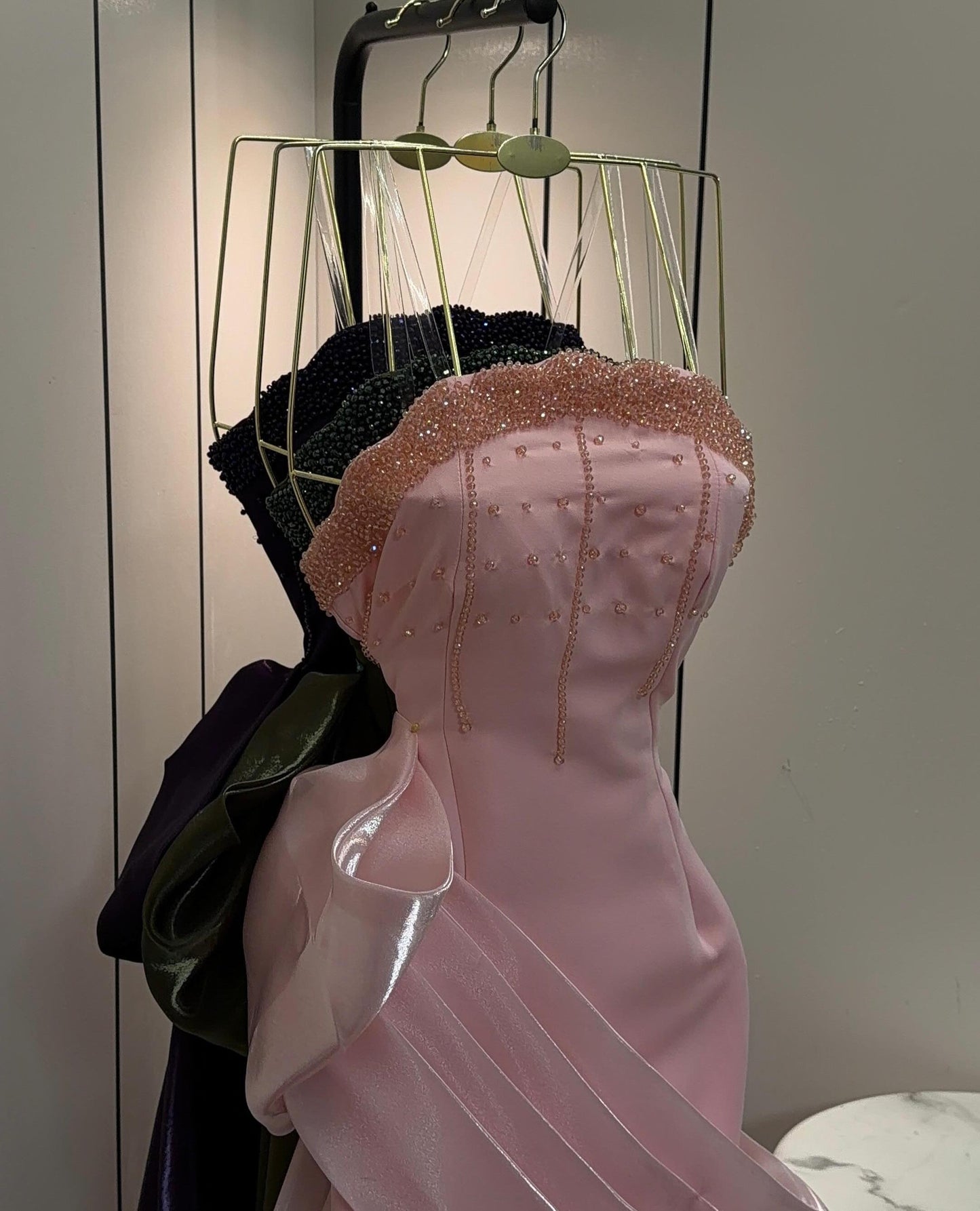 Strapless Beaded Satin Mermaid Gown with Draping
