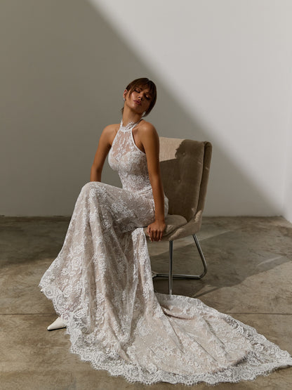 Halter High-Neck Lace Mermaid Wedding Dress