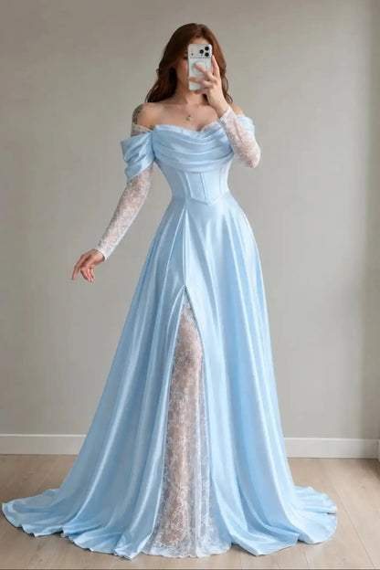 Off-Shoulder Corset Gown with Lace Underlay Slit