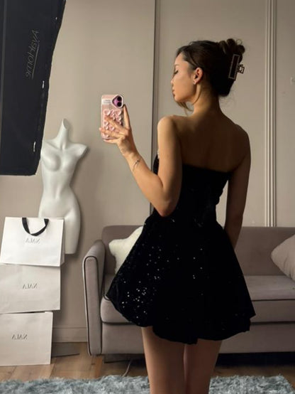 Strapless Crystal-Trim Velvet Sequin Bubble Mini Dress