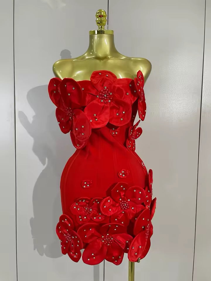 Strapless 3D Floral Applique Bodycon Mini Dress