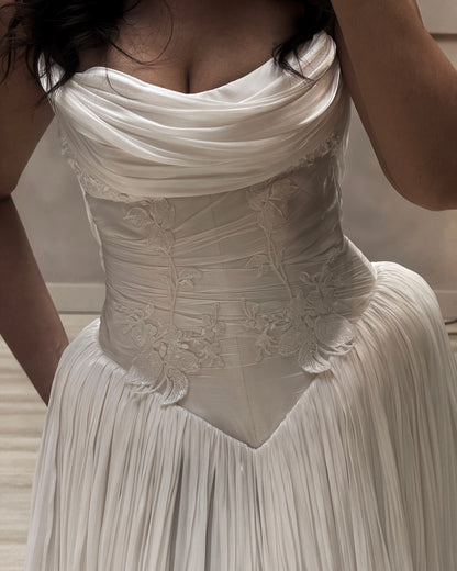 Cowl Neck Corset Wedding Dress with Pleated Skirt