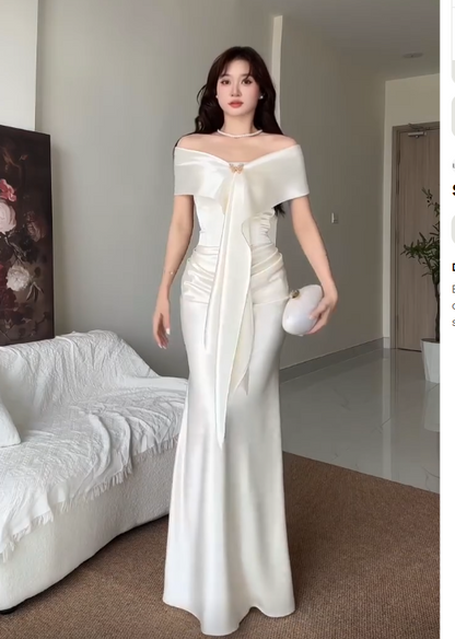 Strapless Ruched Satin Mermaid Gown with Scarf