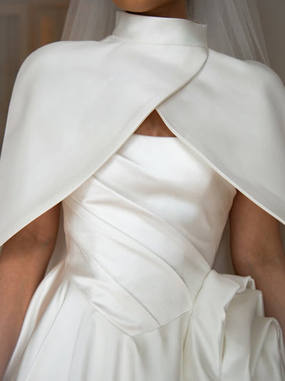 Pleated Satin Ball Gown Wedding Dress with Cape