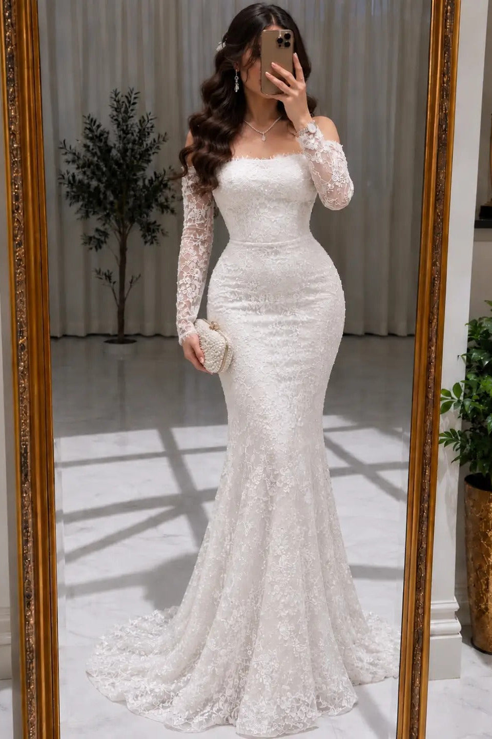 Lace Off-the-Shoulder Long Sleeve Mermaid Gown