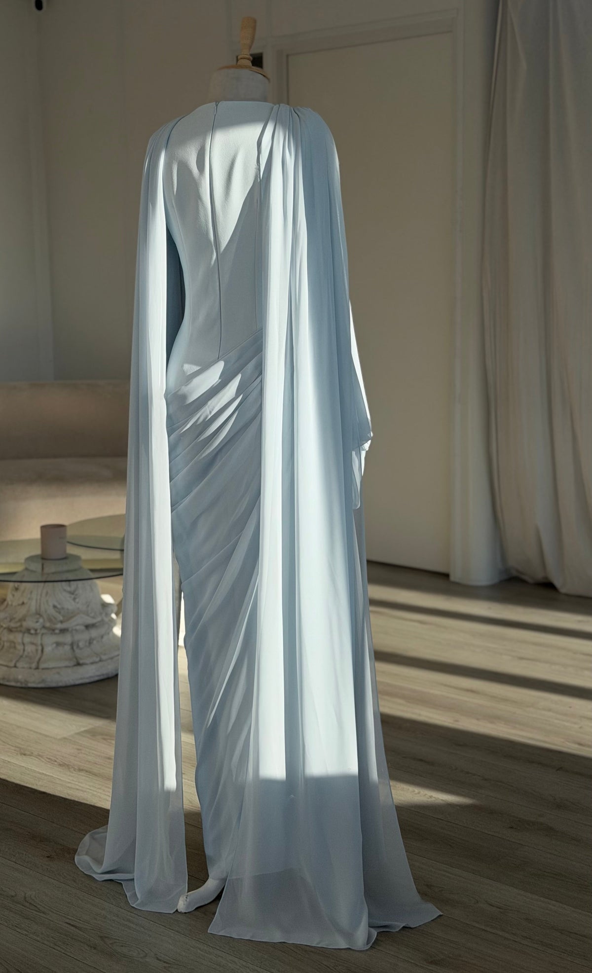 Draped Cape Sleeve Gown with Beaded Waist Detail