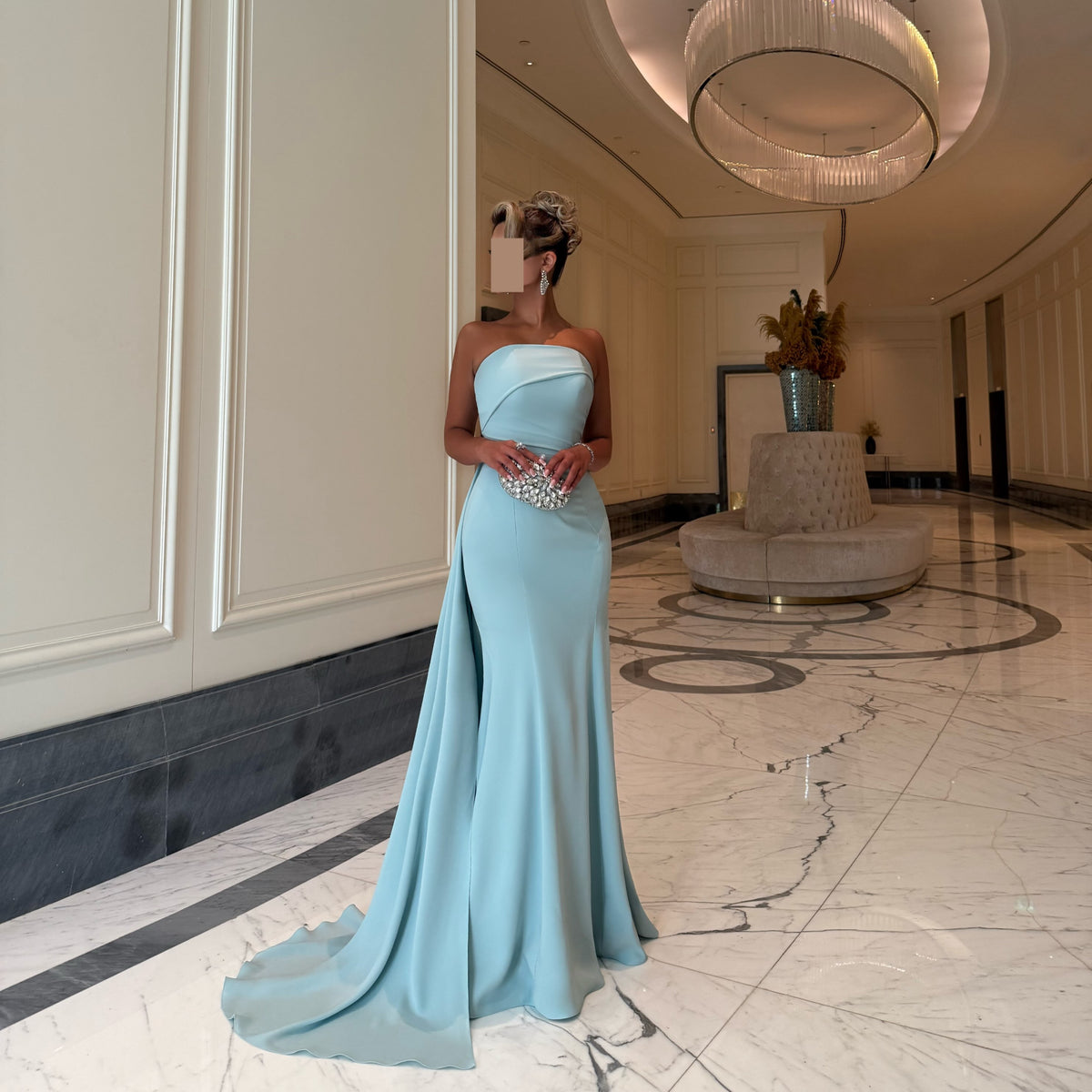 Strapless Asymmetric Bodice Gown with Back Train