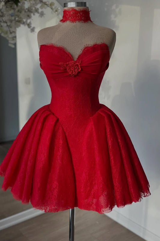 Sweetheart Pleated Lace Mini Party Dress