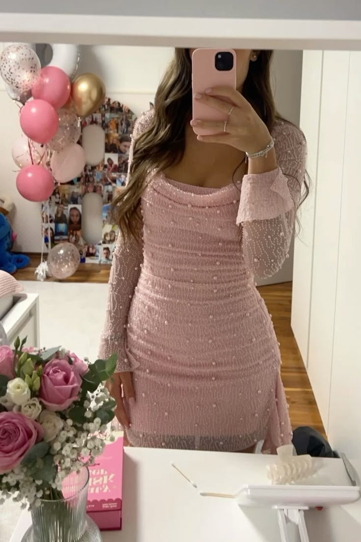 Pearl Beaded Long Sleeve Mini Bodycon Dress