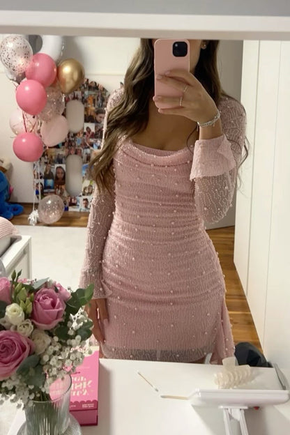 Pearl Beaded Long Sleeve Mini Bodycon Dress