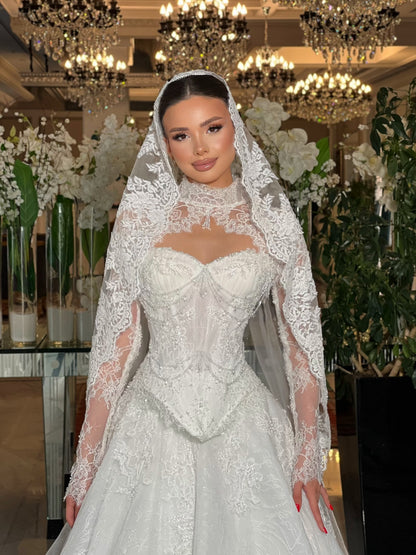 Lace High-Neck Corset Ball Gown Wedding Dress