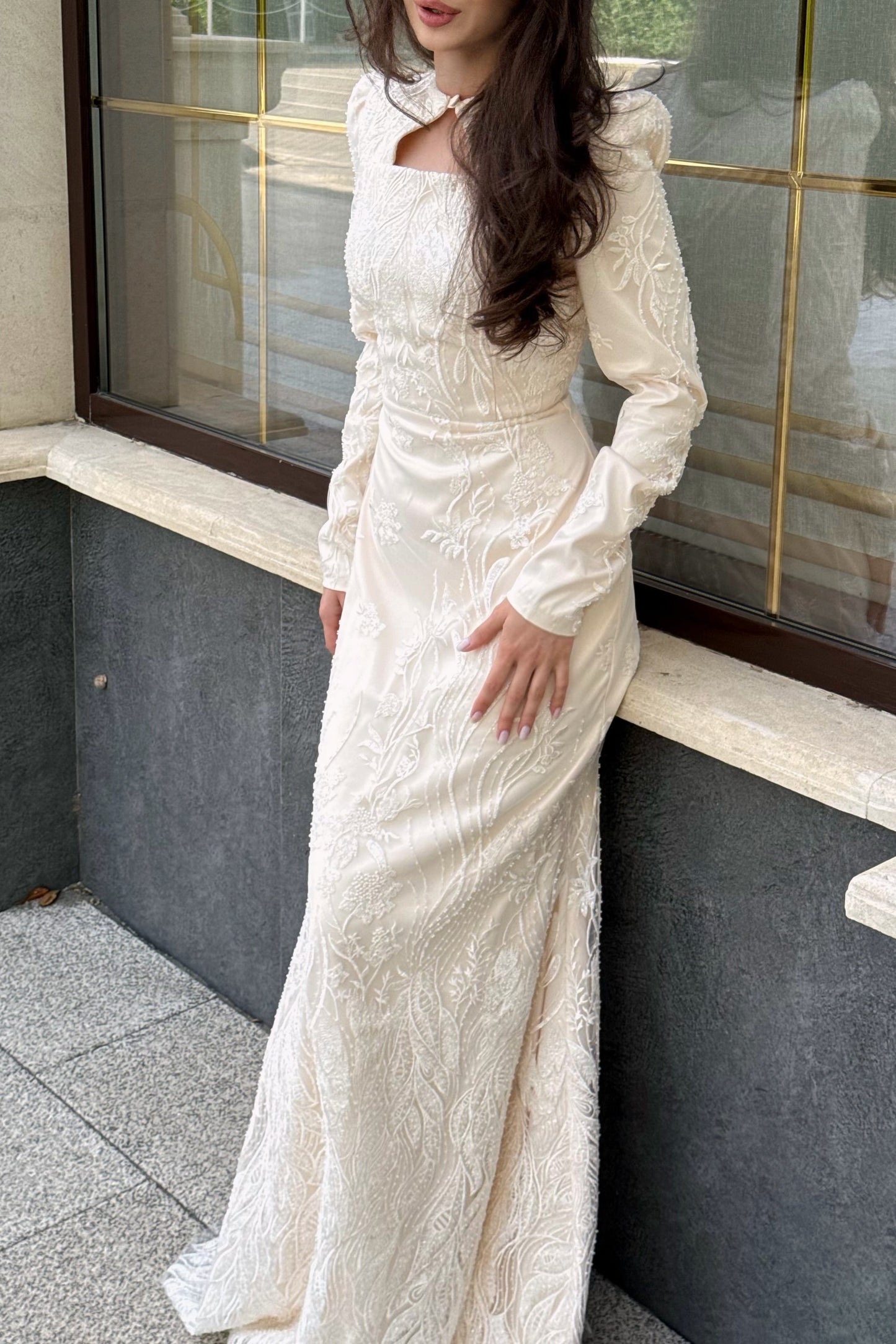 Embroidered Long Sleeve Gown with Keyhole Neck
