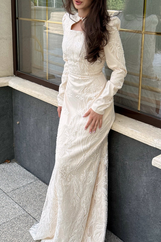 Embroidered Long Sleeve Gown with Keyhole Neck