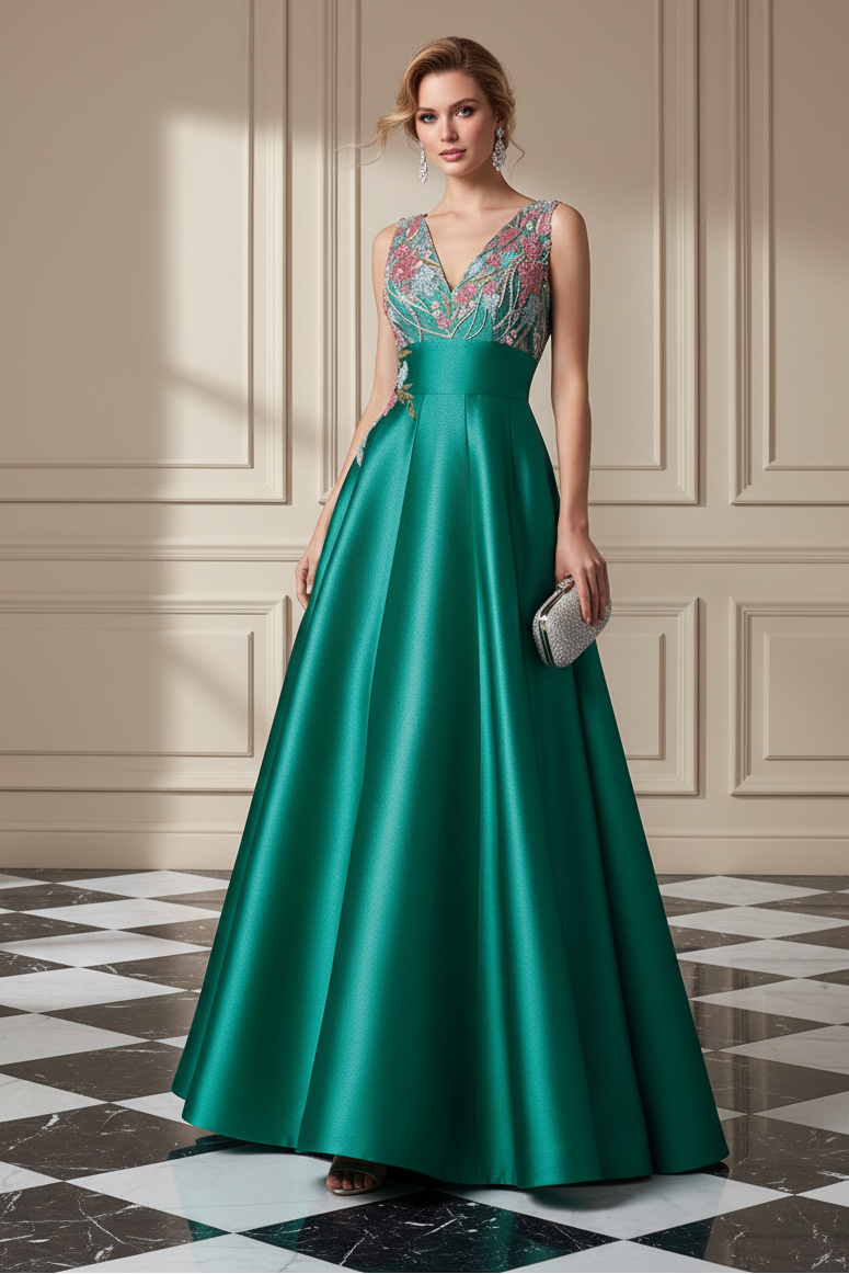 Embroidered Illusion V-Neck Satin A-Line Dress