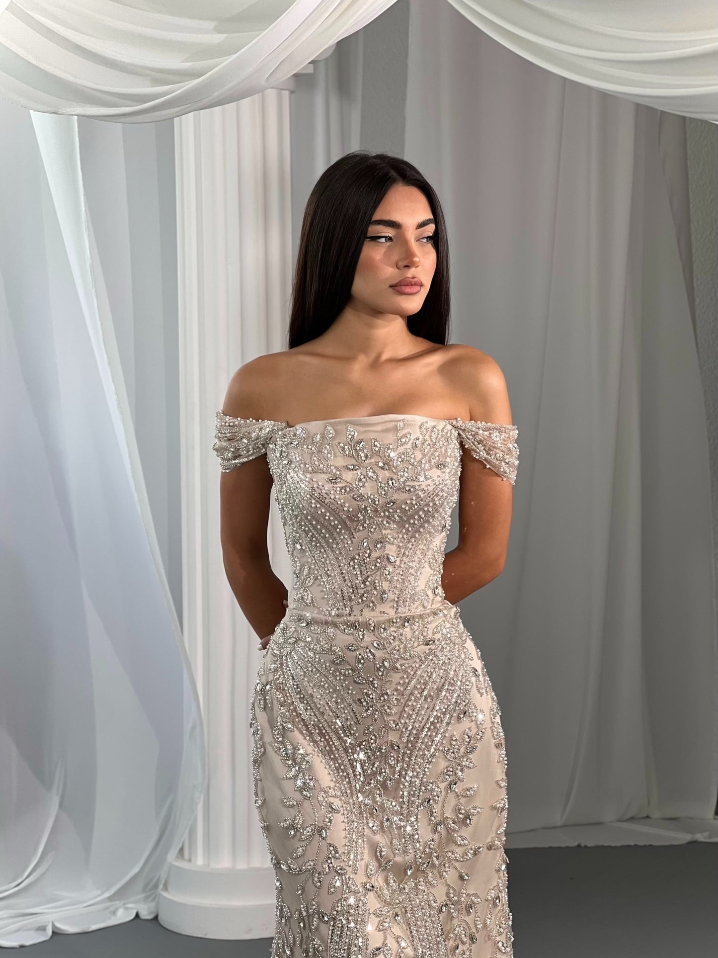 Off-the-Shoulder Beaded Column Evening Gown