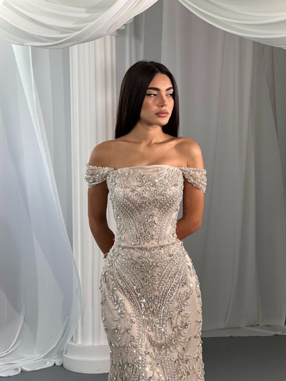 Off-the-Shoulder Beaded Column Evening Gown