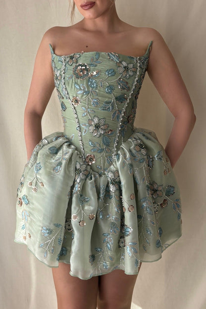 Floral Embroidered Corset Bubble Mini Dress