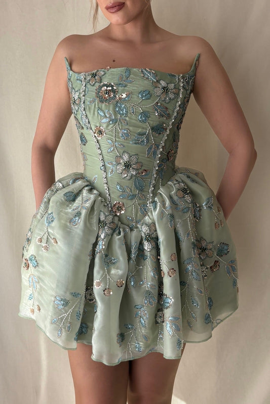 Floral Embroidered Corset Bubble Mini Dress