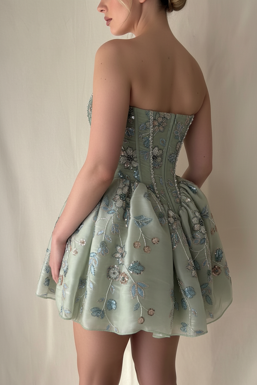 Floral Embroidered Corset Bubble Mini Dress