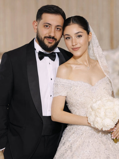 Off-the-Shoulder Sparkly Ball Gown Wedding Dress
