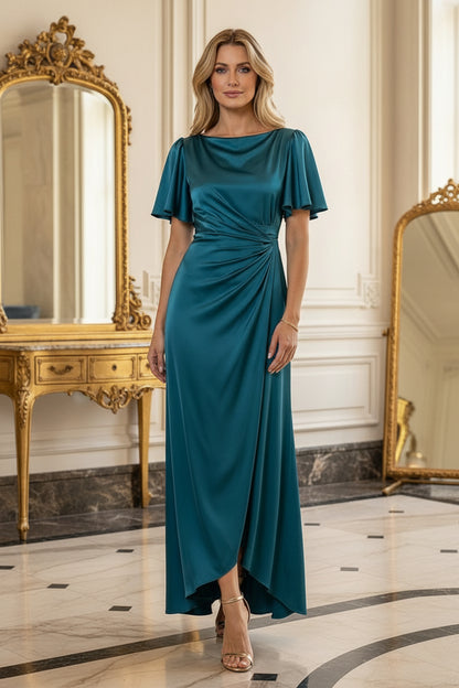 Satin Flutter-Sleeve Gown with Side Drape & High-Low Hem