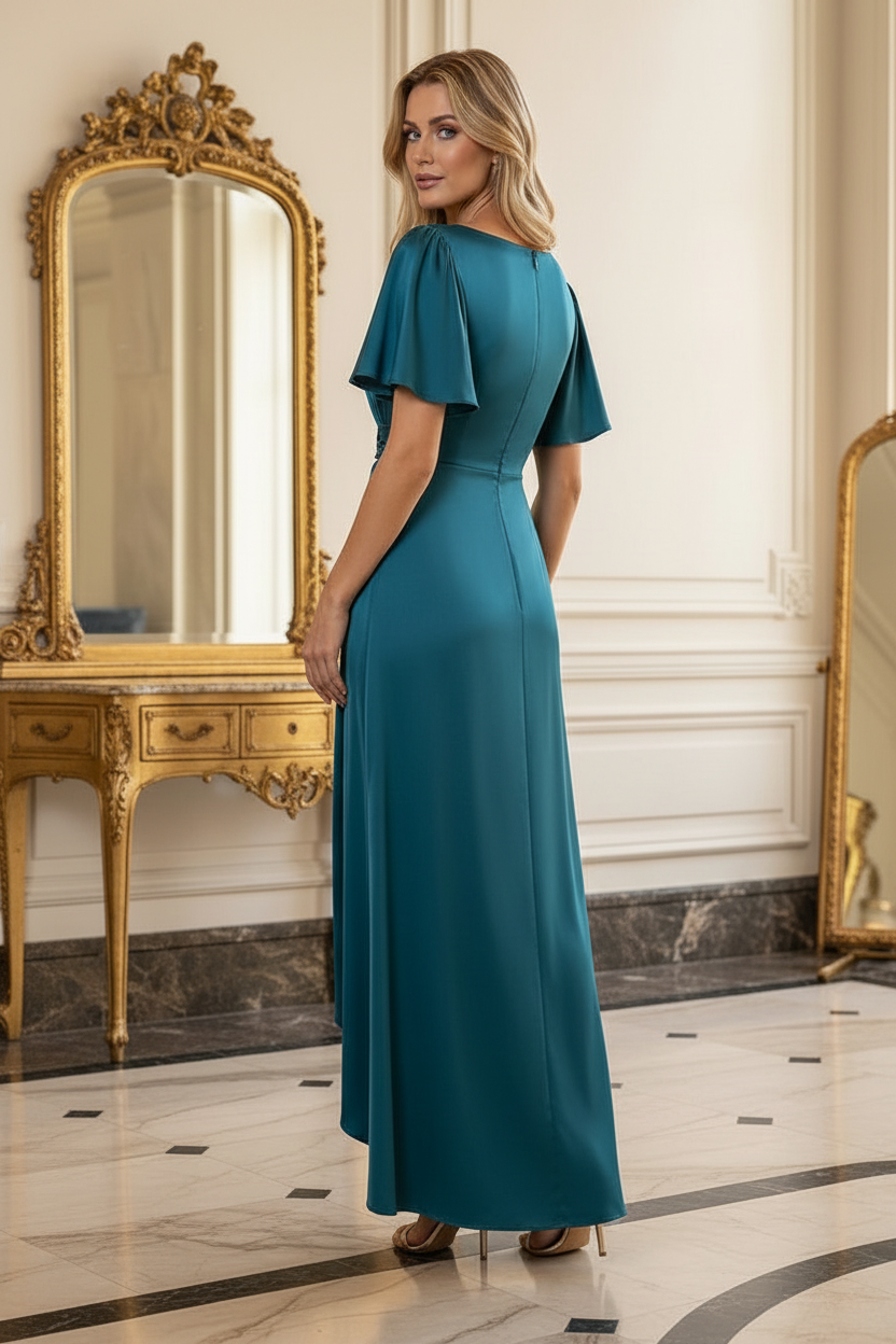 Satin Flutter-Sleeve Gown with Side Drape & High-Low Hem